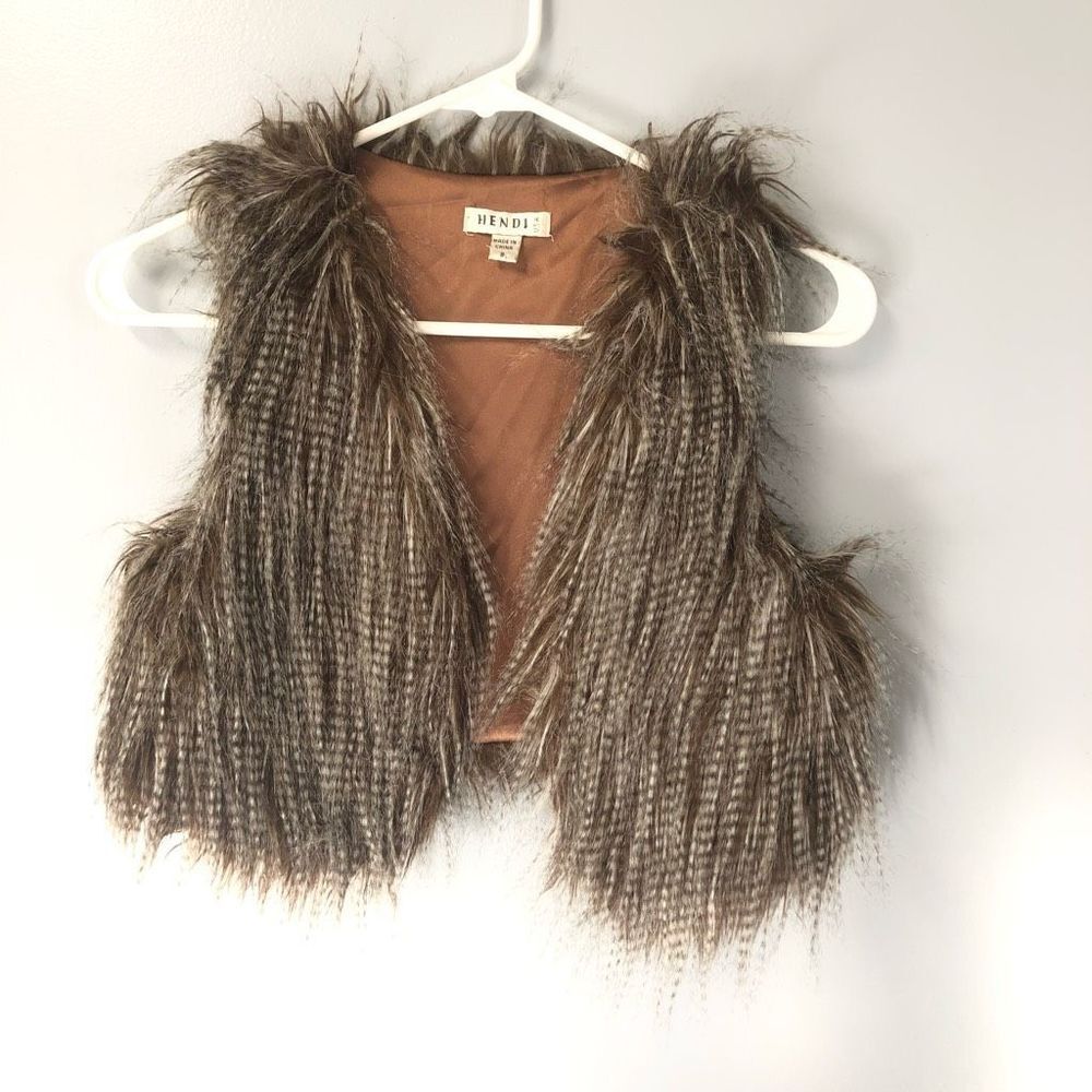 vtg kids hendi usa size small feather fur vest brown funky hippie boho costume